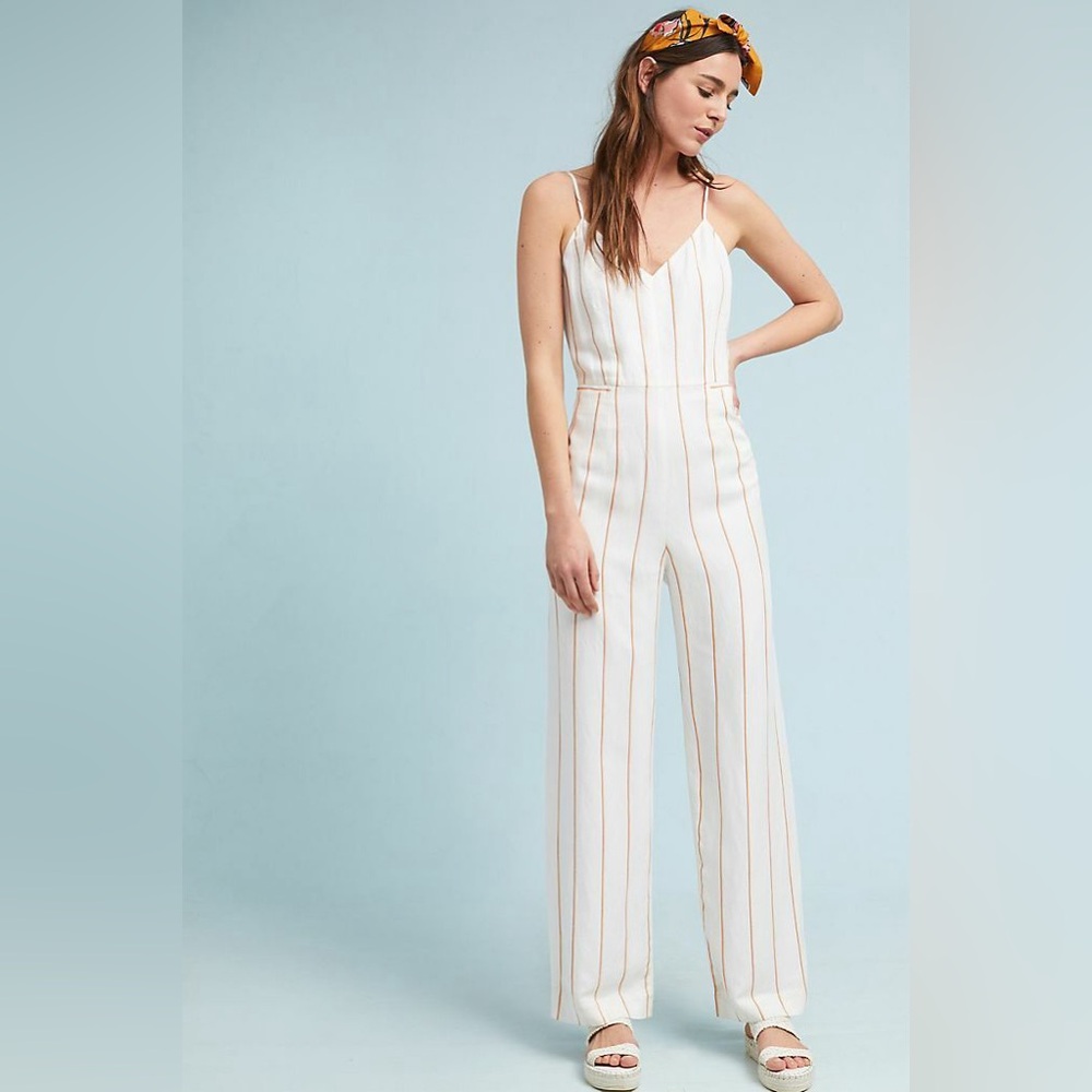 Anthropologie The Essential Jumpsuit Striped Linen Blend Size 4